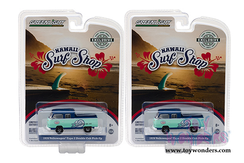 Greenlight - Volkswagen Type 2 Double Cab Pickup "Doka" Hawaii Surf Shop (1976, 1/64 scale diecast model car, Turquoise/Blue) 29894/48
